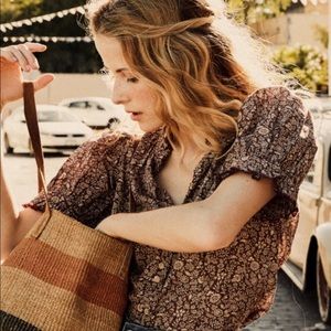 Doen Puff Sleeve Blouse Brown / White W/ Trim